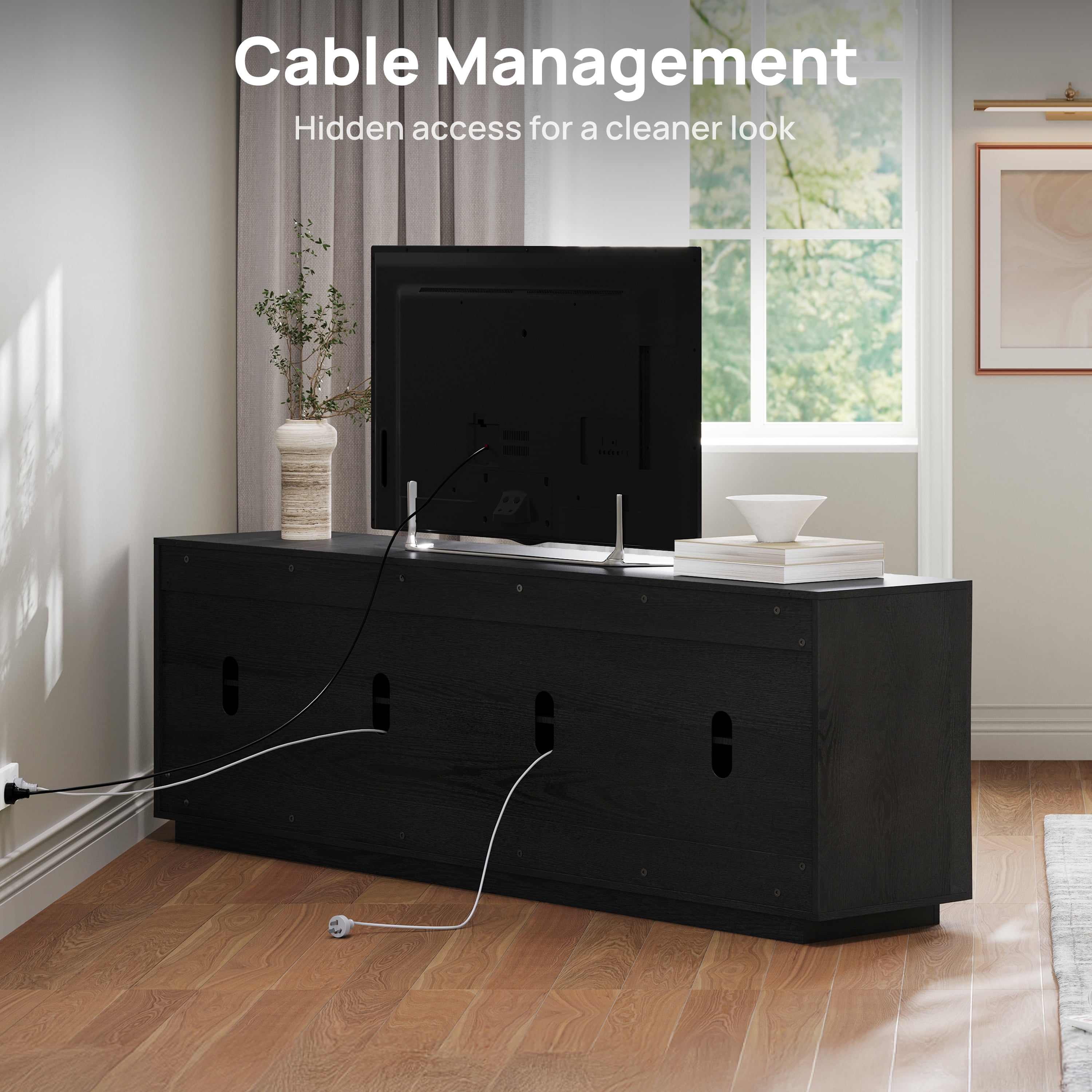CHIC HOUSE 70" Fluted TV Stand for TVs up to 75", Mid-Century Modern Tall Media Cabinet with 4 Doors & Shelves, Wave-Inspired Wooden TV Console for Living Room, Bedroom, Black