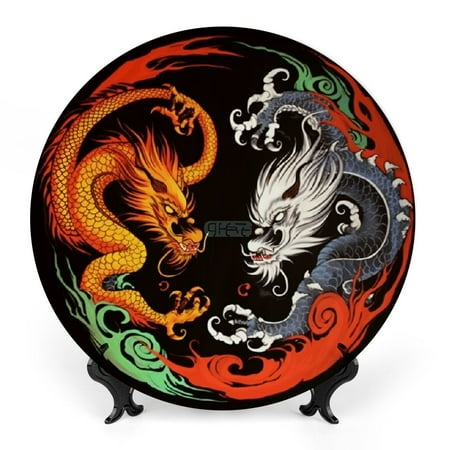 

FUMJ Dragon Yin-Yang Flames Bone China Decorative Plate for Home Office Wall Decor Room Decoration 10x10inch