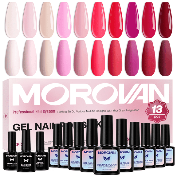 Morovan 10-Color Light Pink Sheer Gel Nail Polish Set with Base Coat, Top Coat & Matte Top Coat, Soak Off LED Polish DIY at Home Salon Gifts for Women Girls