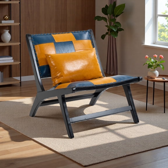 Modern Boho Accent Chair - PU Leather, 10-Min Assemble, Ergonomic Curved Back, Indoor/Outdoor Use for Living Room/Bedroom