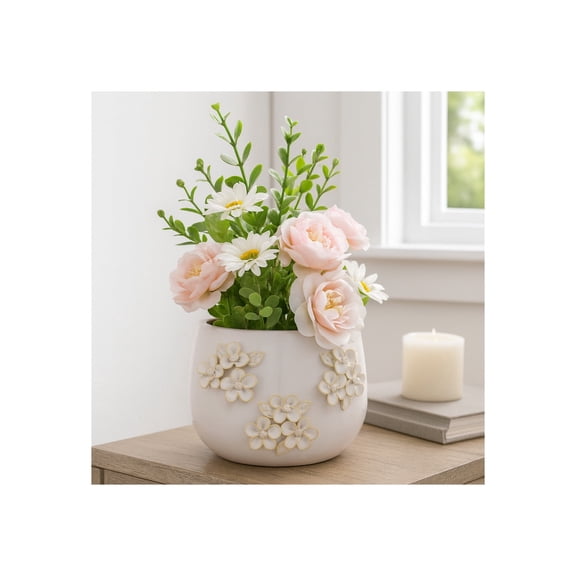 Decorative Ceramic Plant Pot for Home Decor - Charming 3 Bunch Flower Pots for Indoor and Outdoor Plants - Modern Pots for Plants for Entryway, Patio, and Plant Stand Indoor Display - 7", Ivory