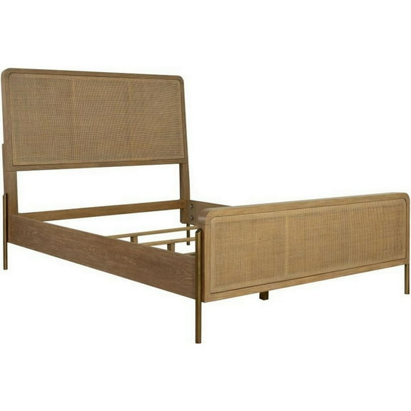 Sea Wood Queen Size Bed with Woven Cane Design Open Panel 4 Slats Brown