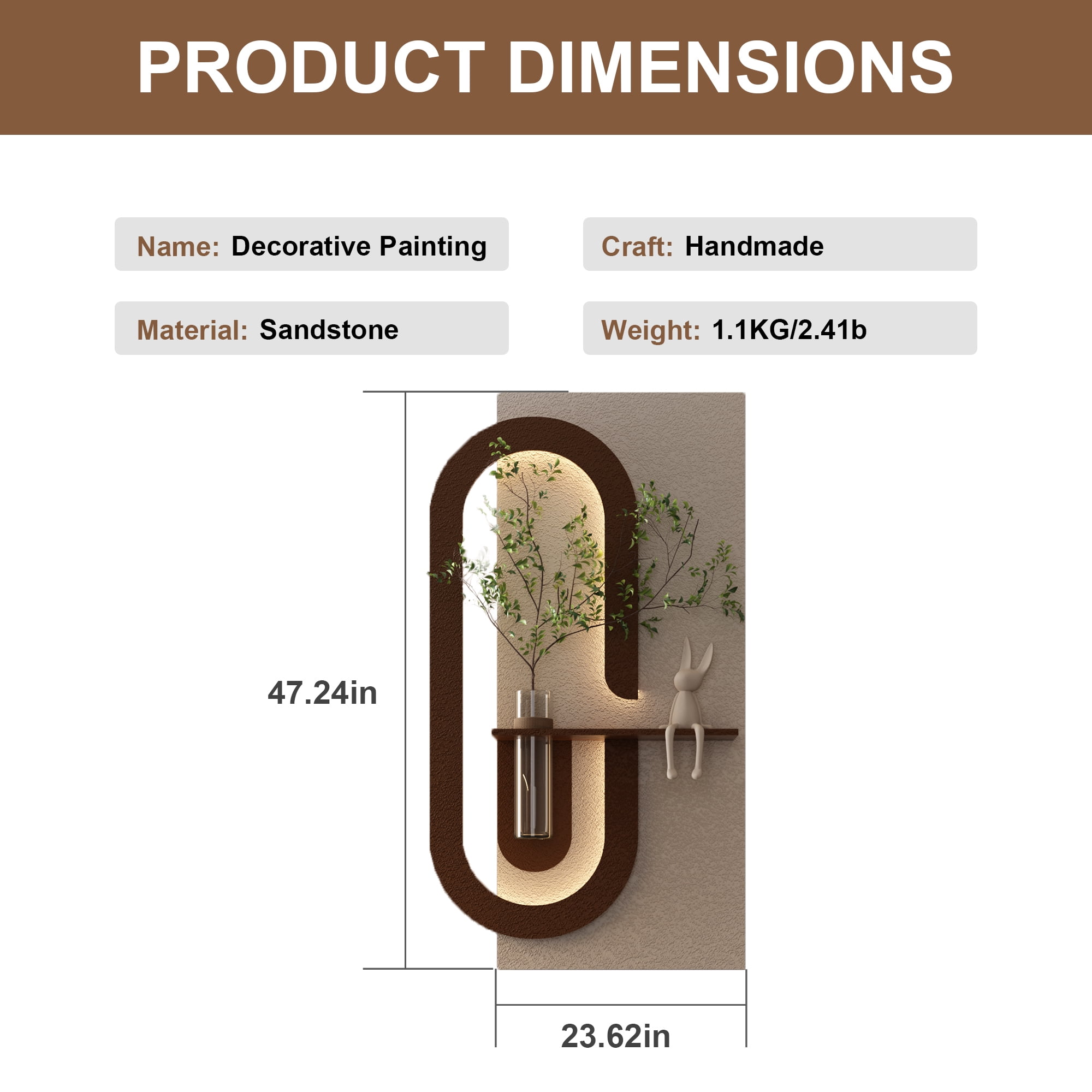 Aukfa 3D Sandstone Wall Art with Artificial Green Plants, LED Wall Decor with Glass Vase & Rabbit Statue, Remote Control for Living Room/Bedroom