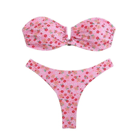 ZQGJB Women s 2 Piece Bandeau Swimsuit Vintaged Floral Print Summer Cut Out V Neck Bikini Set Strapless Bathing Suits(Pink L)