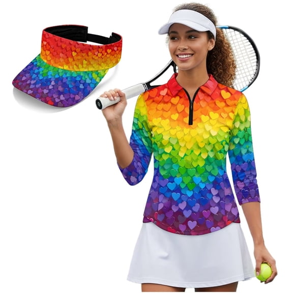 Garronmavis Mermaid Scale Women's Golf Shirt and Sun Visor Hat Set Fit Plain 3/4 Sleeve Golf Shirts Sports Sun Visor Hat for Shopping and Daily Wear Breathable Fabric Quarter Zip