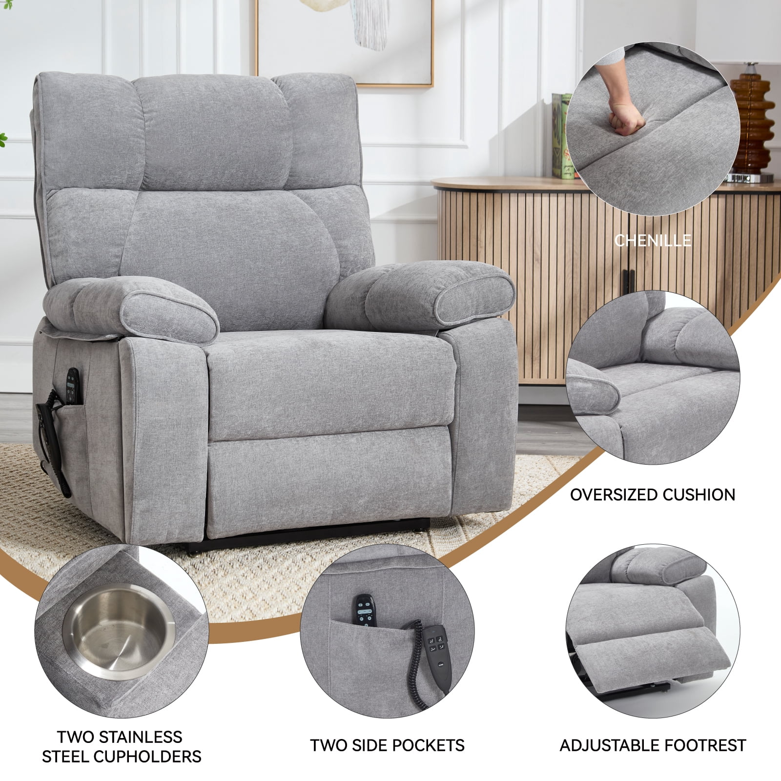 Alvantor Large Power Lift Recliner Chair for Elderly Dual Motor Chenille Electric Recliners Chair with Massage and Heat for Living Room Gray