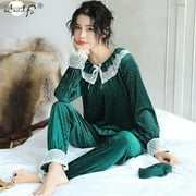 REDHOTYPE New Soft Fashion Comfortable Velvet Thermal Pajamas Lace Trim Long Sleeve Shirt and Pants Set Winter Casual Home Pajamas