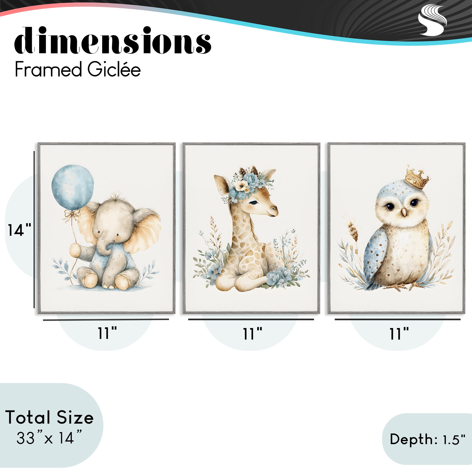 Stupell Industries Watercolor Nursery Animals 3 Piece Gray Framed Giclee Art Set, design by LSR Design Studio