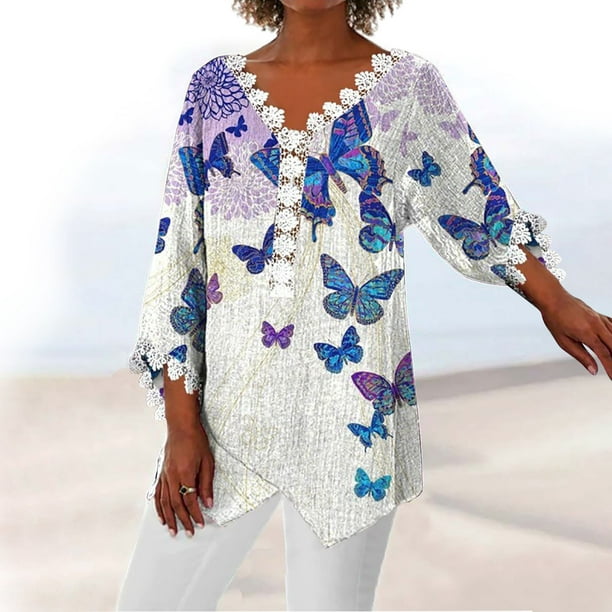 Uorcsa Floral Pullover Personality Soft Casual Lace Versatile Short Sleeve T Shirts Purple - Walmart.com