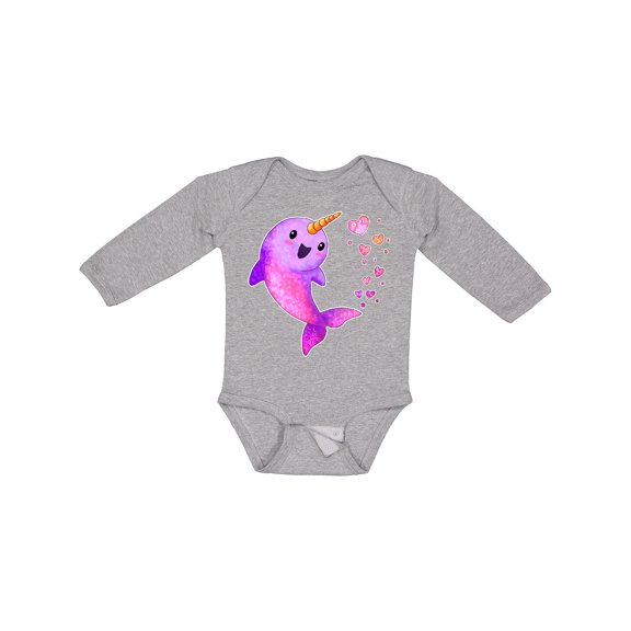 Inktastic Valentine's Day Cute Pink Narwhal with Hearts Boys or Girls Long Sleeve Baby Bodysuit