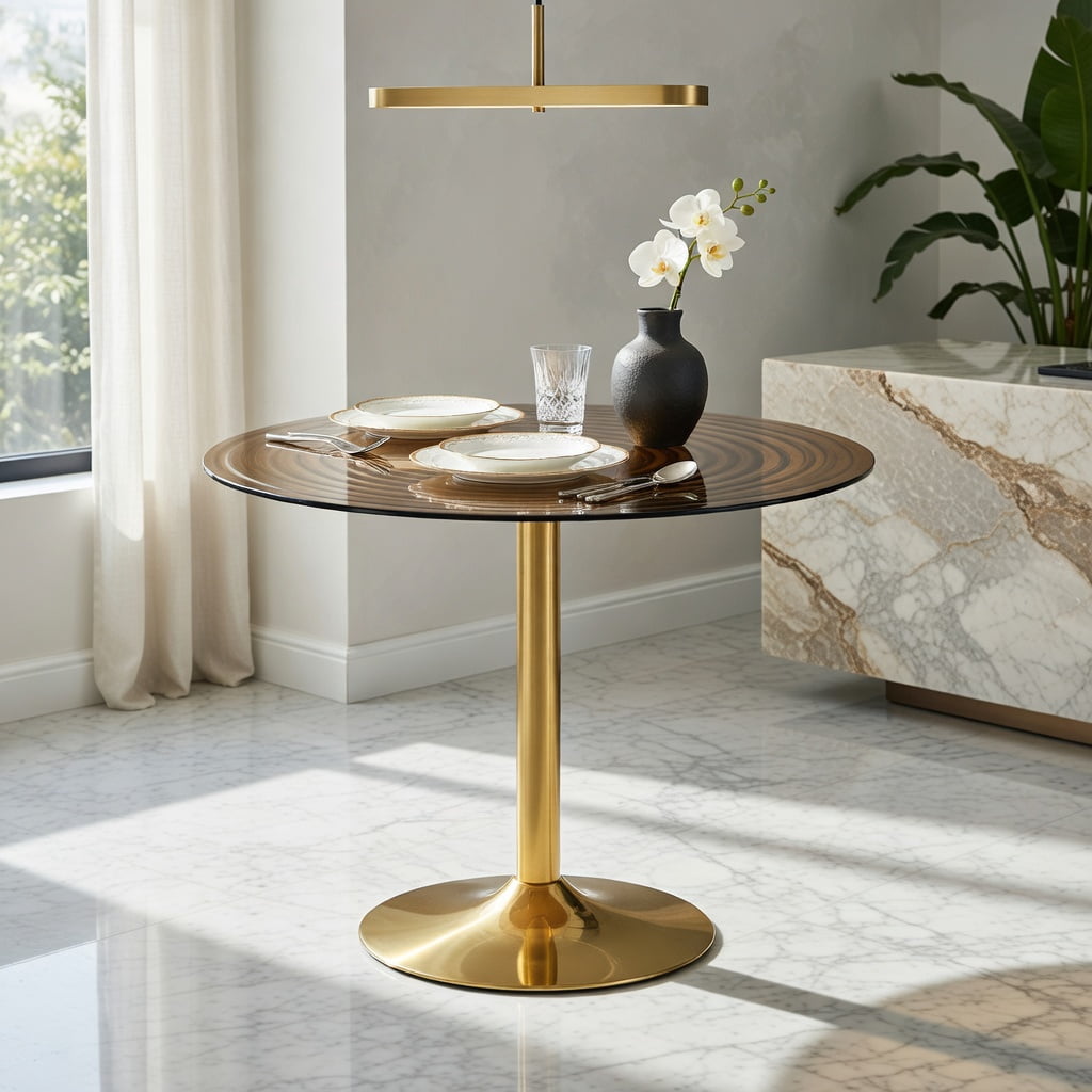 Hommoo 35 Inch Round Glass Dining Table with Metal Base, Light Luxury Brown Ring Top Coffee Table for Small Spaces (2-4 People), Gold