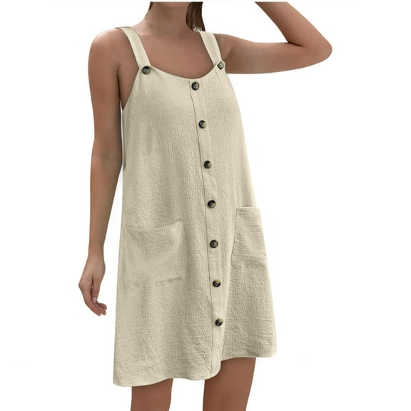 WIZUTIZ Womens Dresses Summer Stylish Relaxed Fit Mini Dress Solid Sun Dress Crew Neck Sleeveless Vacation Dress for Ladies Button Down Strappy Super Soft Date Dress Beige M