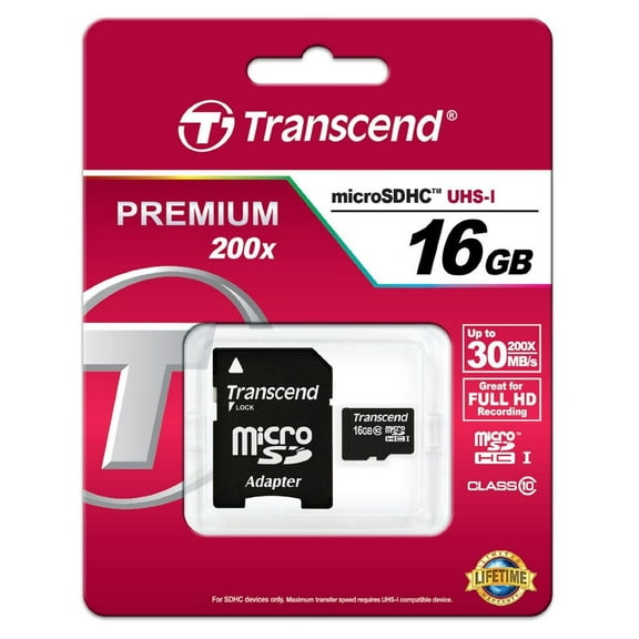2 x Transcend 16GB MicroSD/SDHC 200X Class 10 Memory Card with Adapter