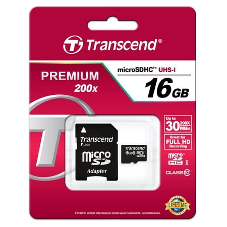 2 x Transcend 16GB MicroSD/SDHC 200X Class 10 Memory Card with Adapter