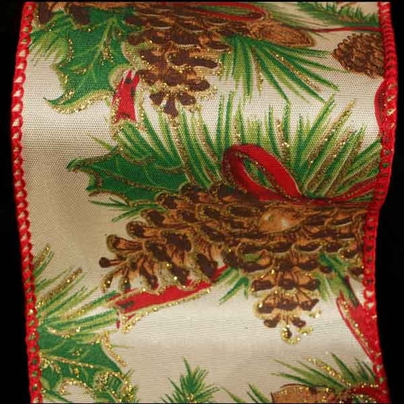 The Ribbon People Ivory and Red Pinecone Wired Edge Craft Ribbon 3" x 20 Yards