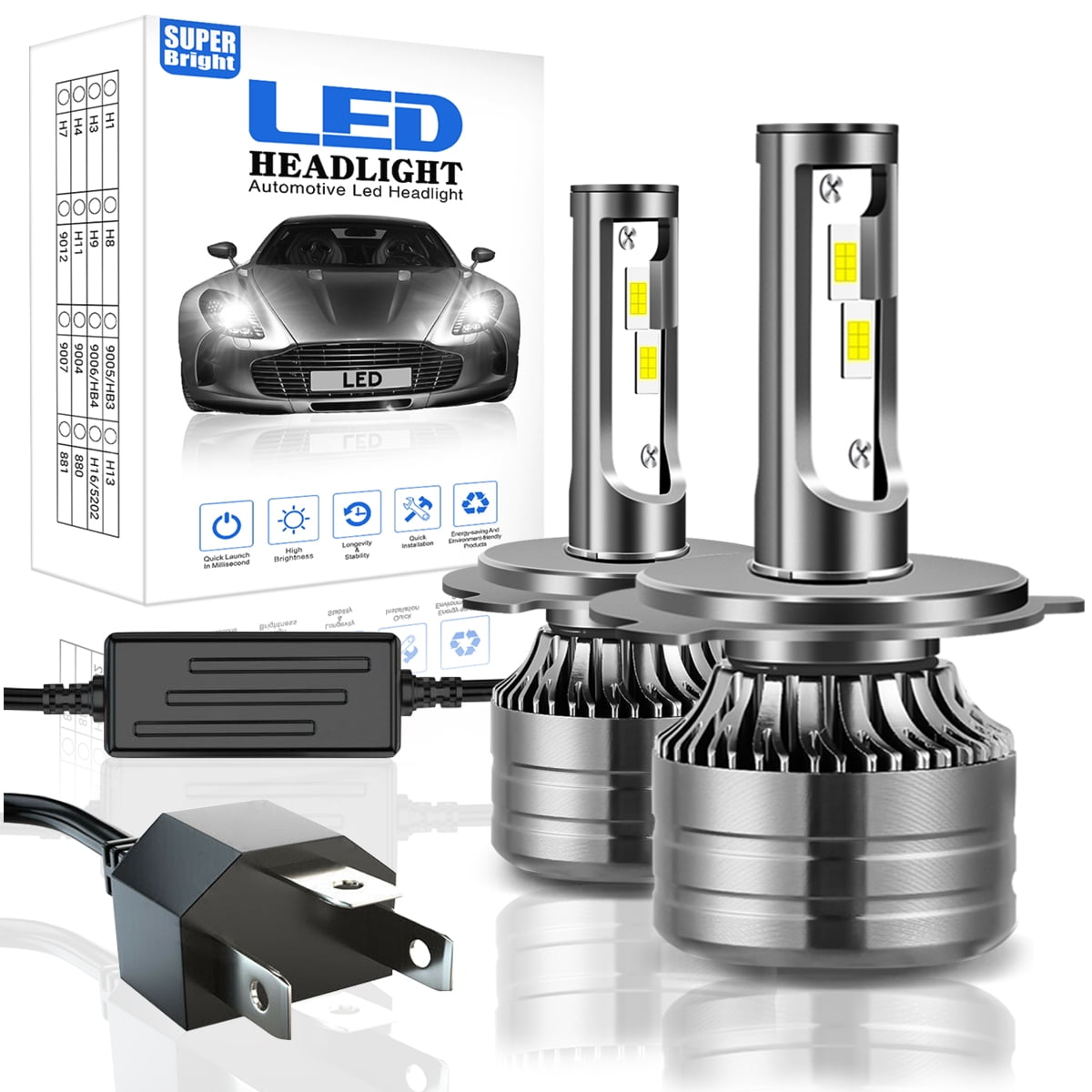 80W H4 LED Headlight Bulb 9600LM 6500K White | 2 Bulbs