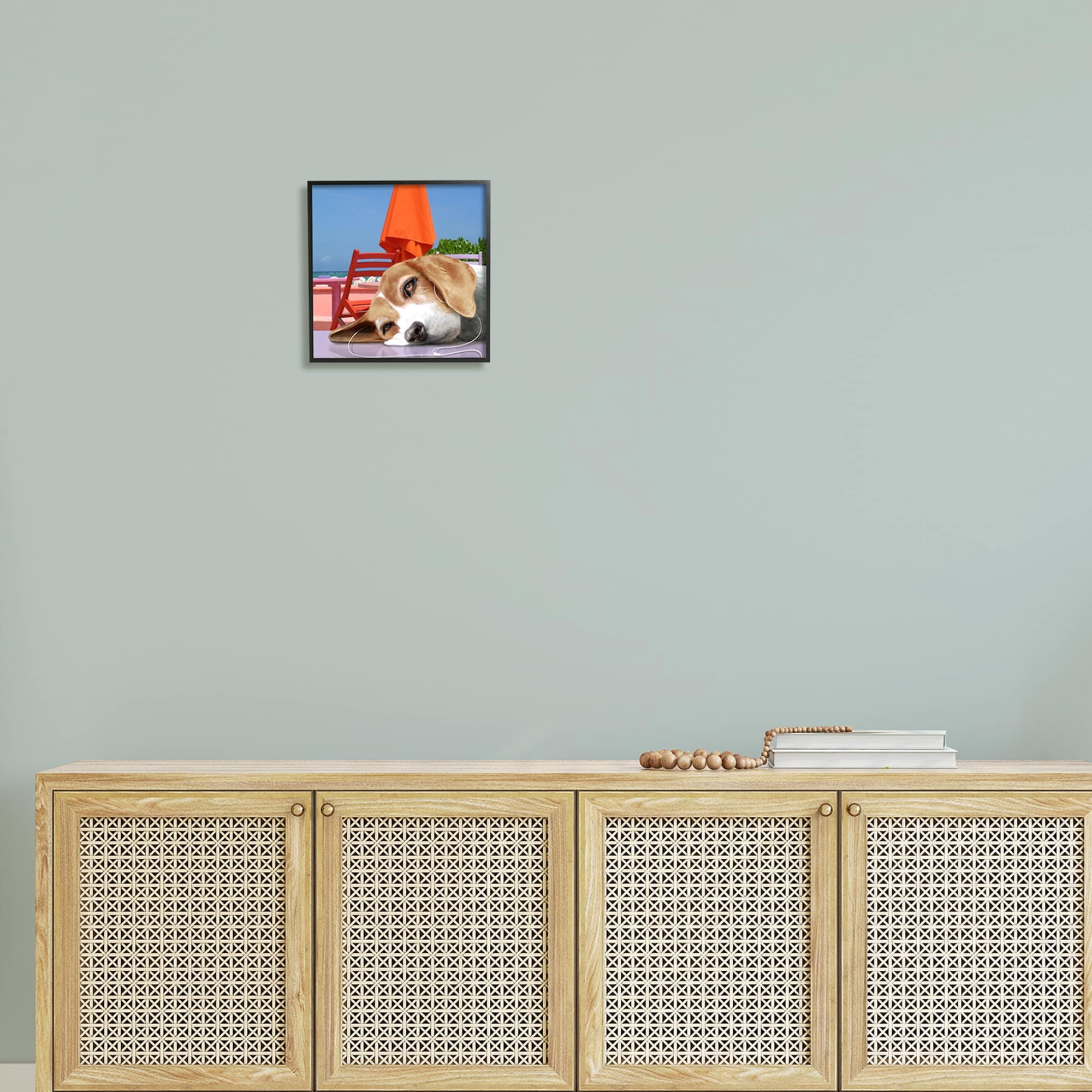 Stupell Industries Tired Dog Laying Music Headphones Summer Beach Graphic Art White Framed Art Print Wall Art, Design by Noah Bay