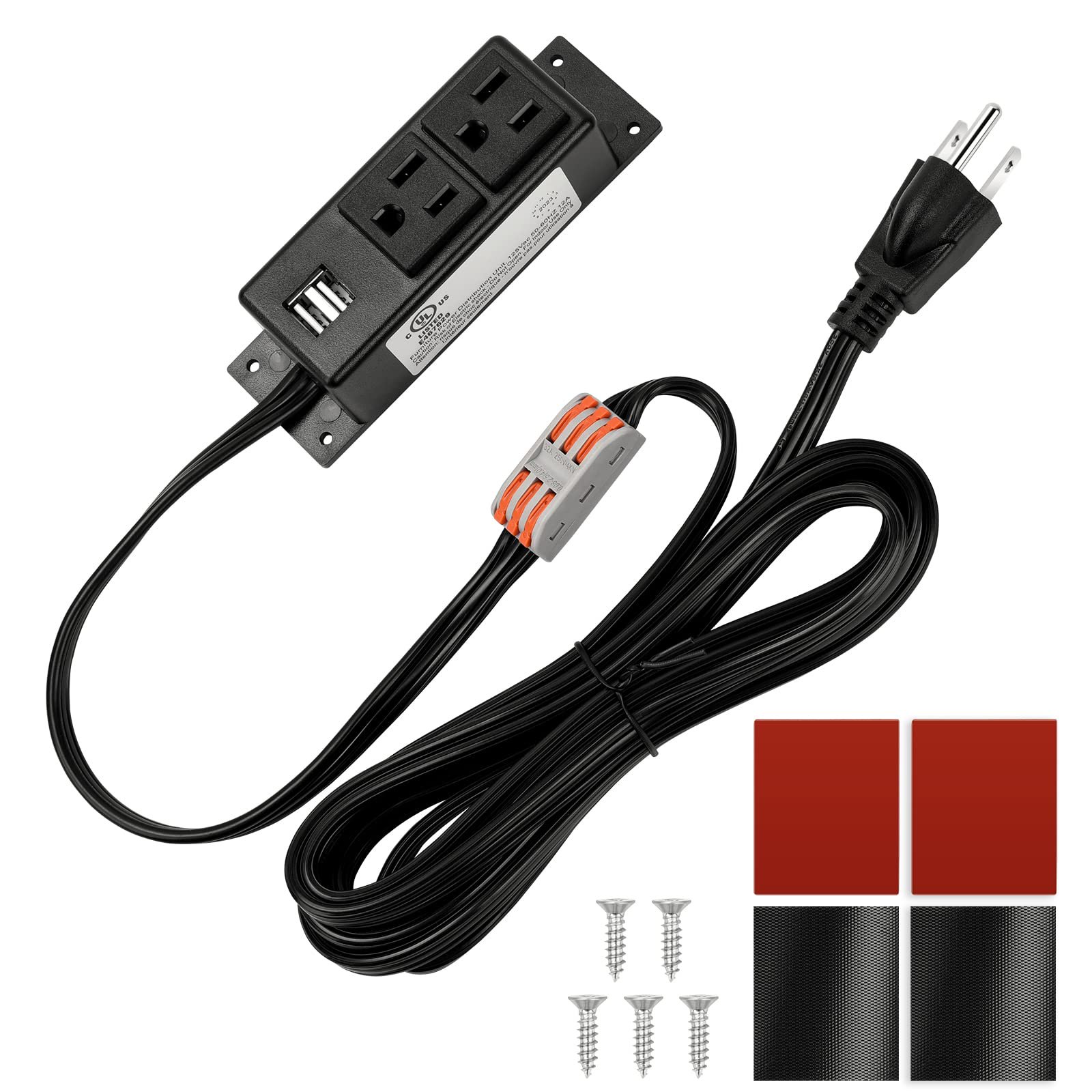 Power Outlet Strip with 2 USB Ports for Gun Safe Cabinet Closet 10FT Flat Cable Black