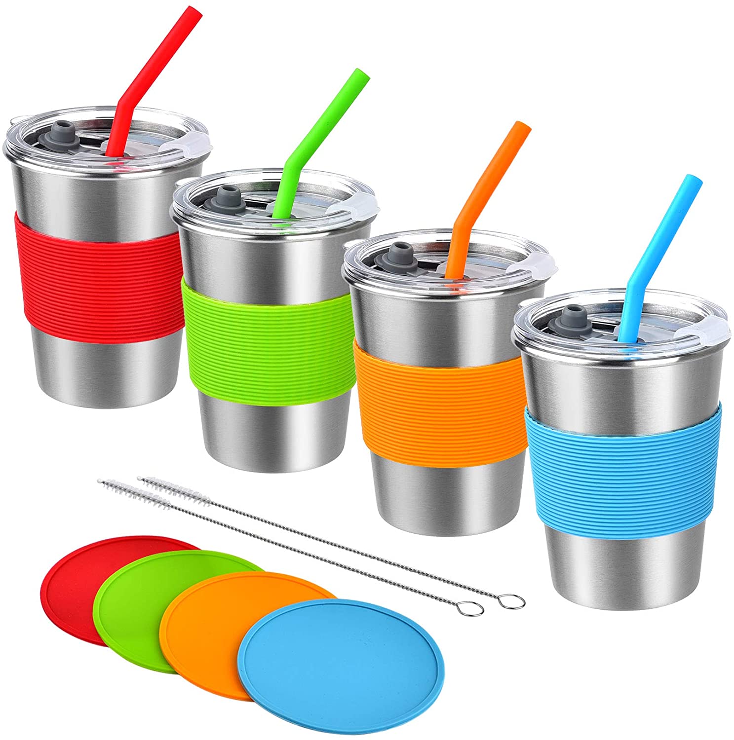Metal　Drinking　Kids　and　Tumbler　Steel　Pack　Proof,4　Straw　Cups　Mug　Lid　Water　with　Spill　for　with　Glasses,BPA-Free　12oz　Stainless　Toddler,Children,Adult,　Coasters,Unbreakable　Sippy　Indoor,Outdoor