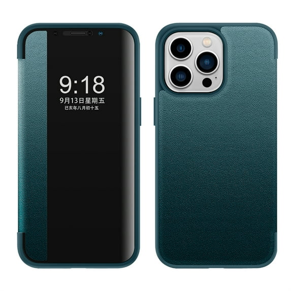 Nalacover Case for iPhone 14 Pro Max, Clear View Window Lychee Pattern PU Leather Rugged PC Flip Folio Cover with Magnetic Closure Shockproof Corners Case for iPhone 14 Pro Max,Green