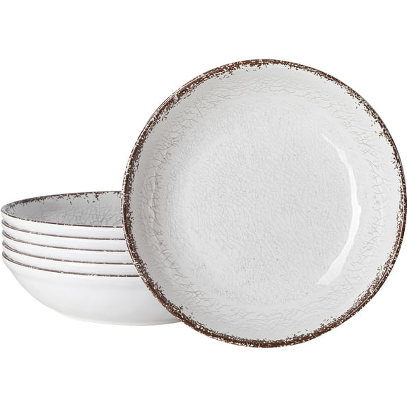 Farmhouse Pasta Bowls, Set of 6, White Melamine Rustic 42 oz Shallow Bowl, Large Salad Bowl, Deep Pasta plate, Dishwasher Safe Serving Bowls.…