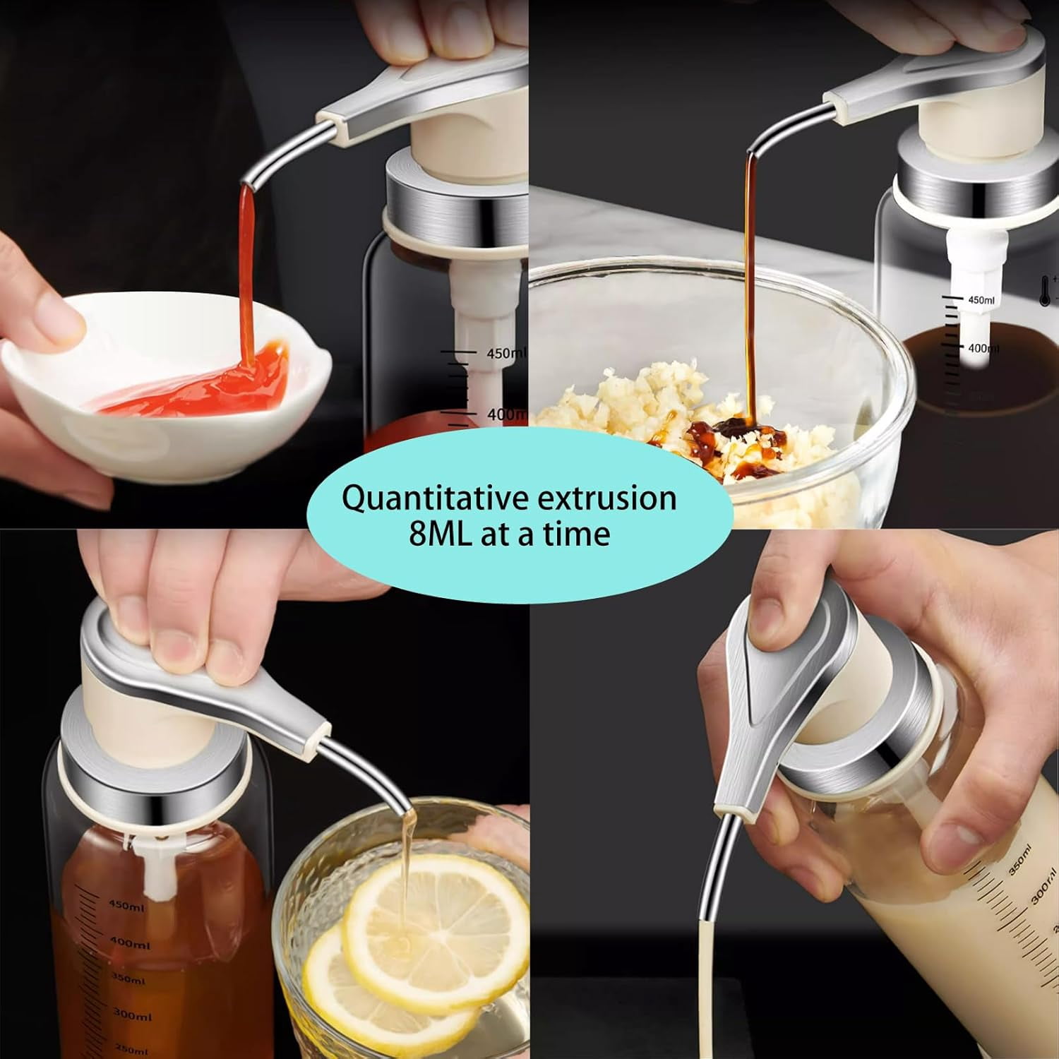 SONGAUN Sauce Pump Dispensers, Coffee Syrup Dispenser, 2 x 500ml Glass Bottle with Stainless Steel Pumps, Leak-Proof, Food Grade Pumps for Honey, Syrups, Oil, Condiments, Salad Dressings (2 X)