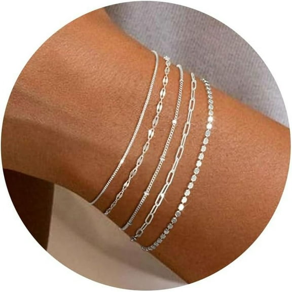 ILANKTOZI Dainty Bracelet Set, 14K Silver Plated, Adjustable, 5 Pieces