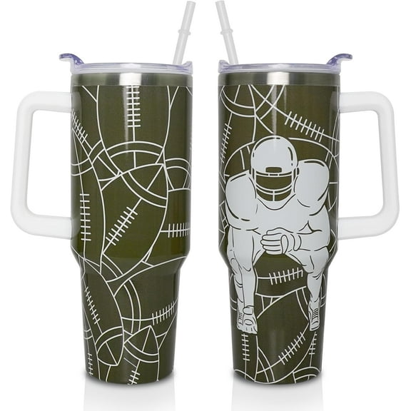 Football Coach Gifts Cup for Women Men, 40oz Tumbler with Handle and Lid Straw, Olive Green Stainless Steel Double Walled Insulated Mug Water Bottle, Football Fans Mom Birthday Gifts