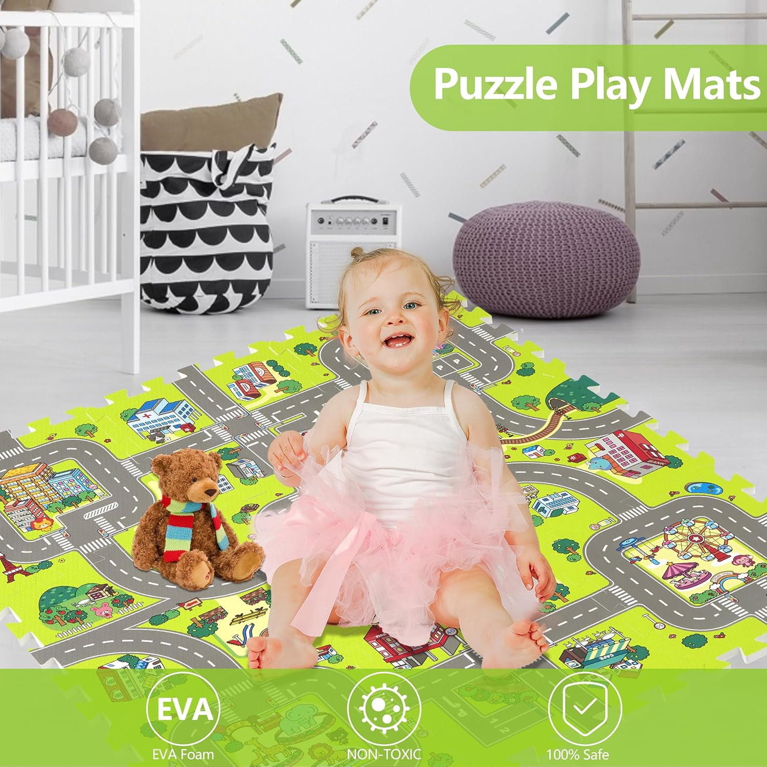 Baby Play Mats for Floor Interlocking Foam Tiles City Road Track Puzzle Mat 9pcs