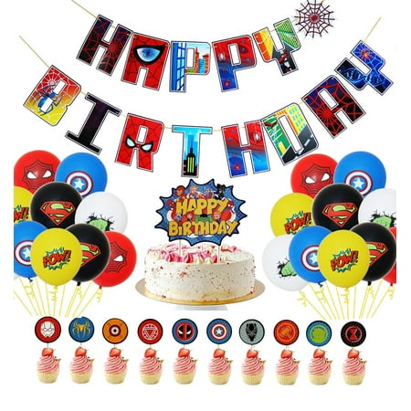 Superhero Birthday Decorations CORNET Kit 38PCS - Happy Birthday Banner, Latex Balloons & Cake Topper - Spider Theme Party Supplies for Boys Kids Party Decor (Theme 1)