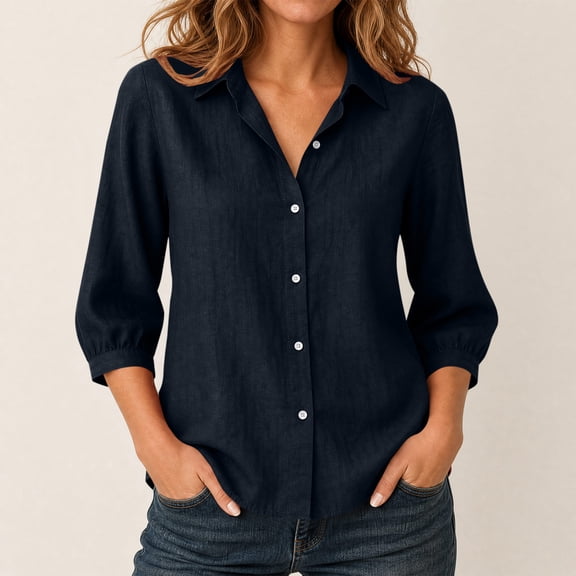 Yrmaups Loose Fit 3/4 Sleeve Button Down Blouse for Women, Casual Cotton Linen Collared Top, Soft Breathable Tee for Fall Winter Office Daily Wear, Navy S