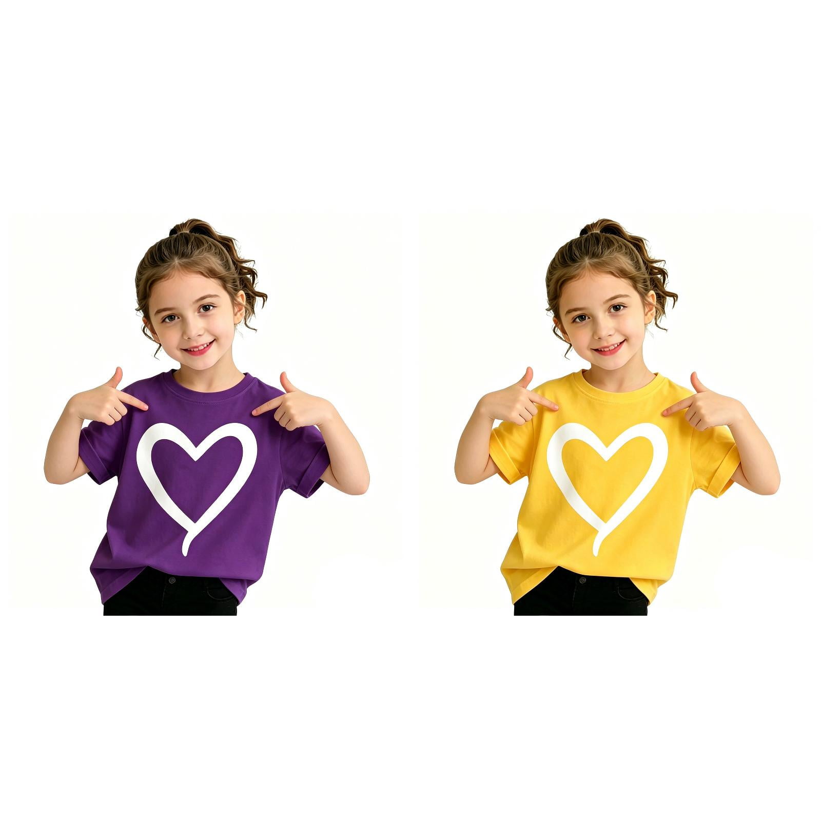 SGMVNU 2 Pack Girl s Summer Fashion T Shirts Short Sleeve Heart Print Graphic Tees Casual Loose Fit Basic Top Size 5-6 Years Purple & Yellow