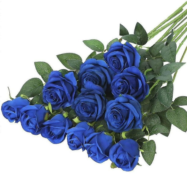 Ramo de 12 rosas artificiales de seda de tallo largo para decoración del hogar, boda y fiesta (azul)