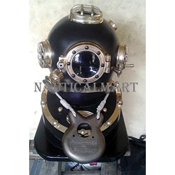 Vintage Antique 18" Diving Helmet with Wooden Base US. Navy Mark V Divers