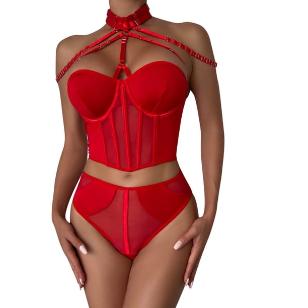 Gibobby Conjunto ropa interior mujer Ropa Interior Divertida para Mujer, Escote En V Profundo, Encaje Sexy, Vestido Transparente, Vestido para Conjuntos De Lencería(Rojo, G)