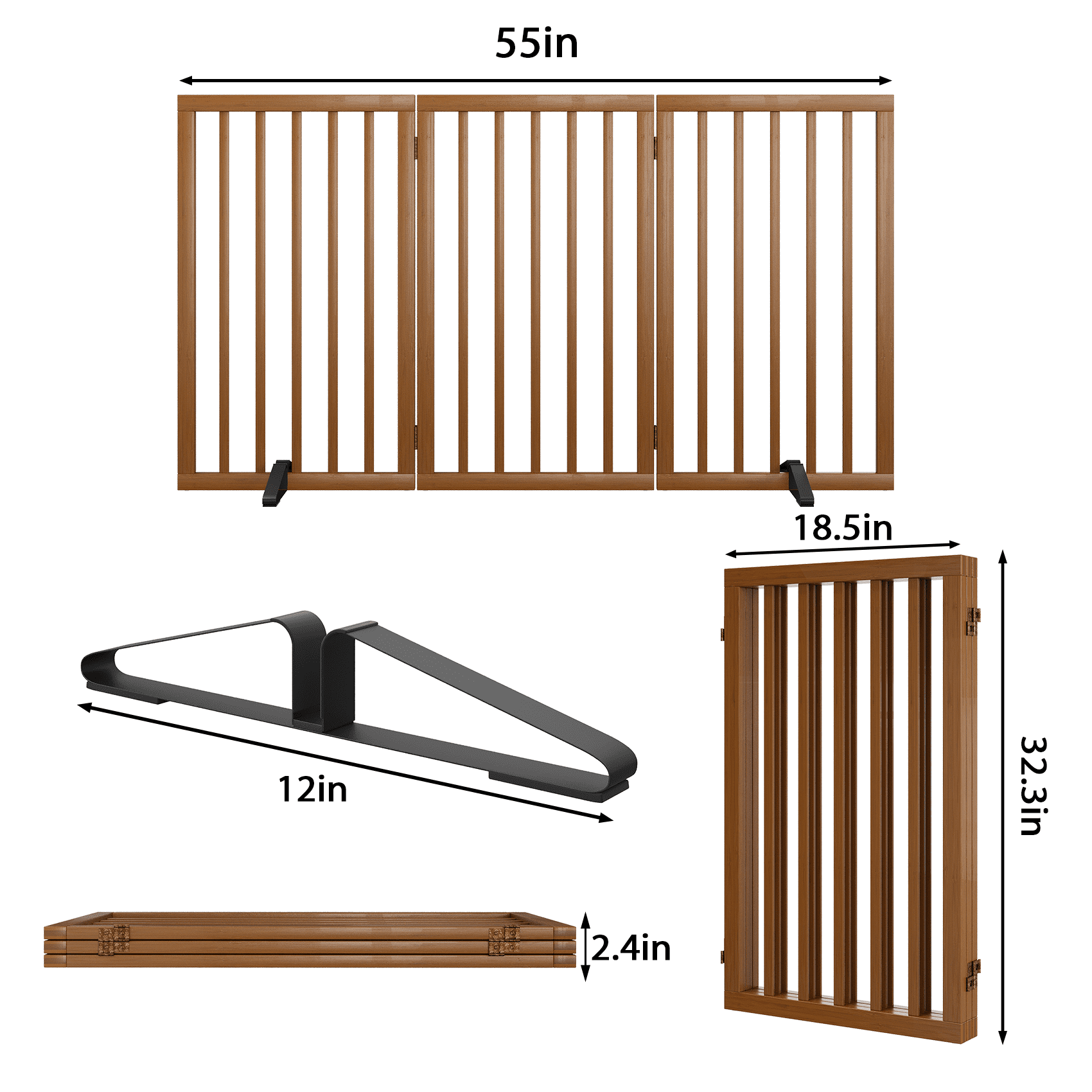 Smart FENDEE 33" Tall Foldable Bamboo Freestanding Pet Gate with Dog Gate and Support Feet, Expands to 55" Wide