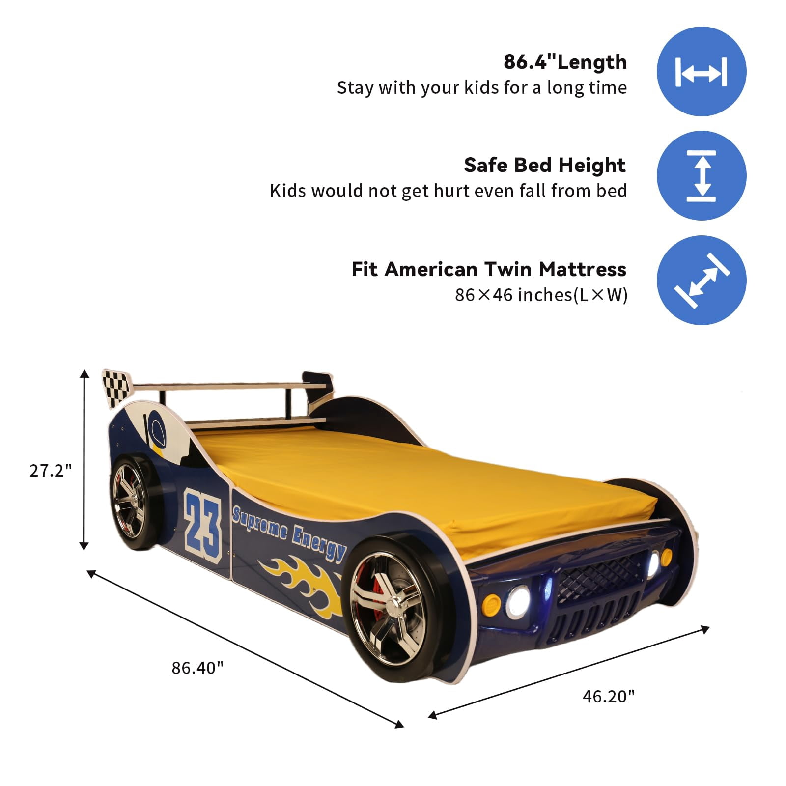 BFJDM Twin-Size Car Bed for Kids, Race Car-Shaped Wooden Platform Bed Frame with Headboard, Wheels for Boys, Toddlers, and Children's Bedrooms Blue