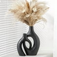 thumbnail image 6 of XL Black Ceramic Vase Set of 2 for Modern Home Decor Neutral Boho Round Donut Pampas Grass Vases Nordic Aesthetic Vase for Living Room Coffee Table Fire Place Book Style Shelf H 11.1, 6 of 7
