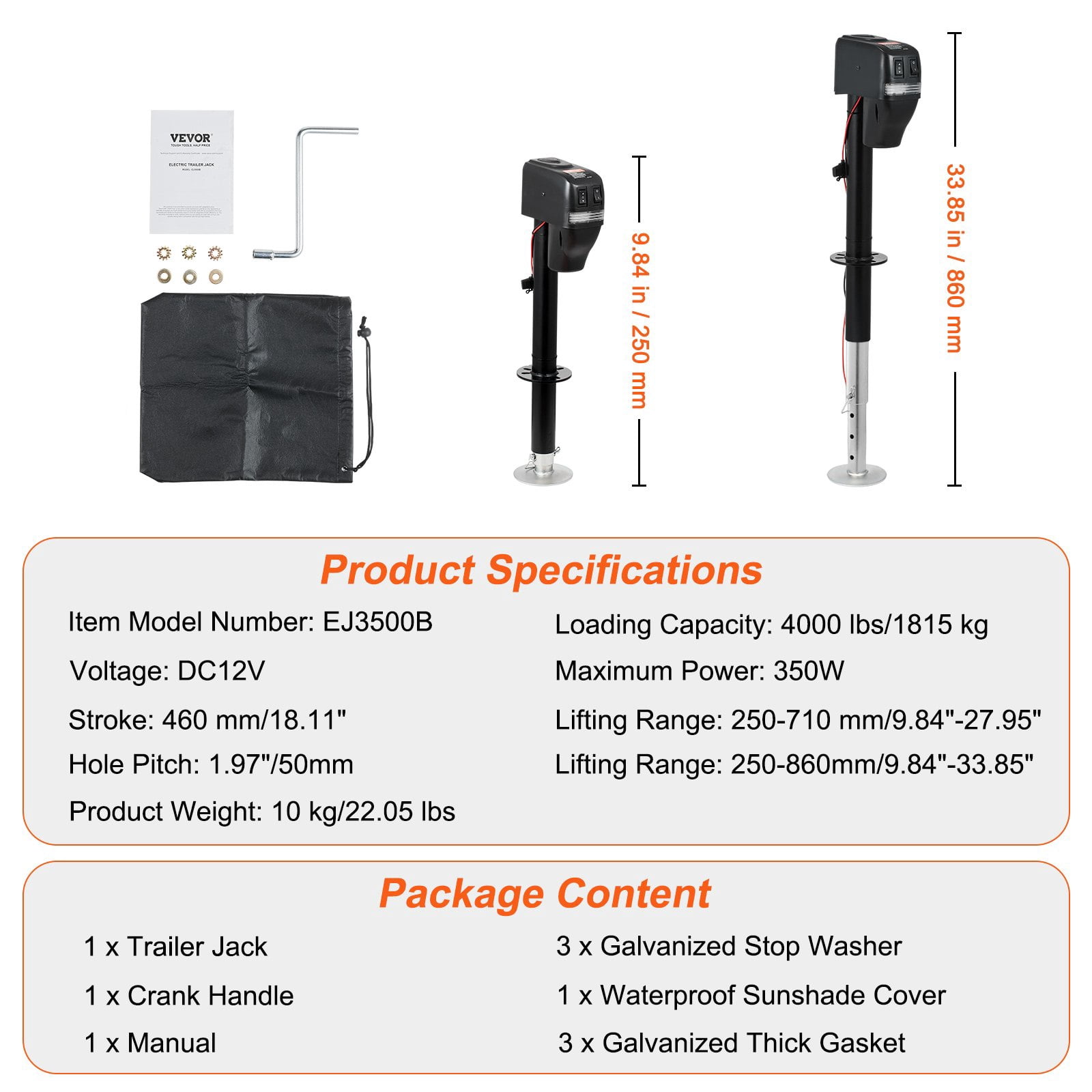 VEVOR Electric Trailer Jack, 4000 lbs Capacity, Adjustable Power Tongue Jack with Waterproof Cover