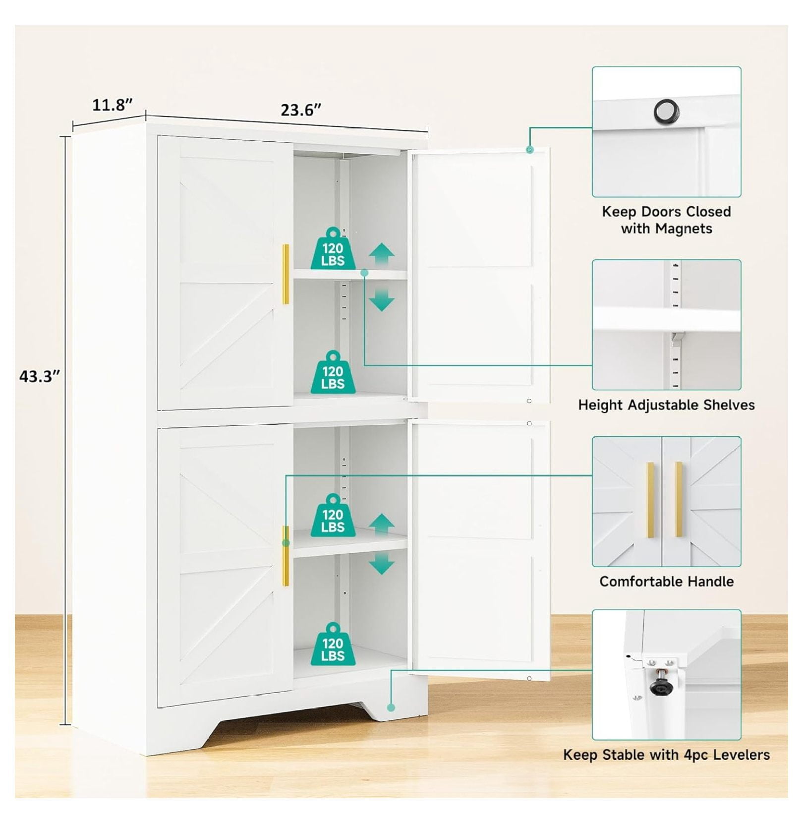 White Storage Cabinet with 4 Doors and 2 Adjustable Shelves,Farmhouse Food Pantry Cabinets,Small Bathroom Cabinet,4 Tier Metal Storage Cabinets for Home Kitchen,Dining/Living/Laundry/Room