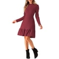 thumbnail image 4 of INSPIRE CHIC Vestido de Suéter para Mujer con Cuello Redondo, Manga Larga Abullonada, Bolsillos Laterales, Color Sólido, Talla S, Vino, 4 of 6