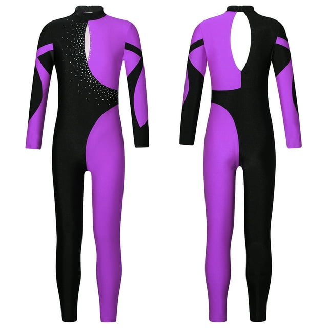 RUNQHUI Girls Long Sleeve Full Body Unitard Shiny Rhinestone Dance Bodysuit Skating Jumpsuit Romper Leotard Purple 14