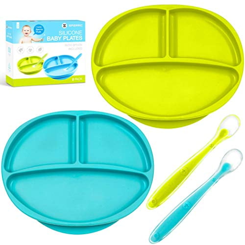 Toddler Plates Suction Kids Plate and Utensils Fish-Blue ROCCED Suction Plate for Babies Toddler Plates Portable First Stage Feeding Supplies Silicone Divided Dishes for Kids 