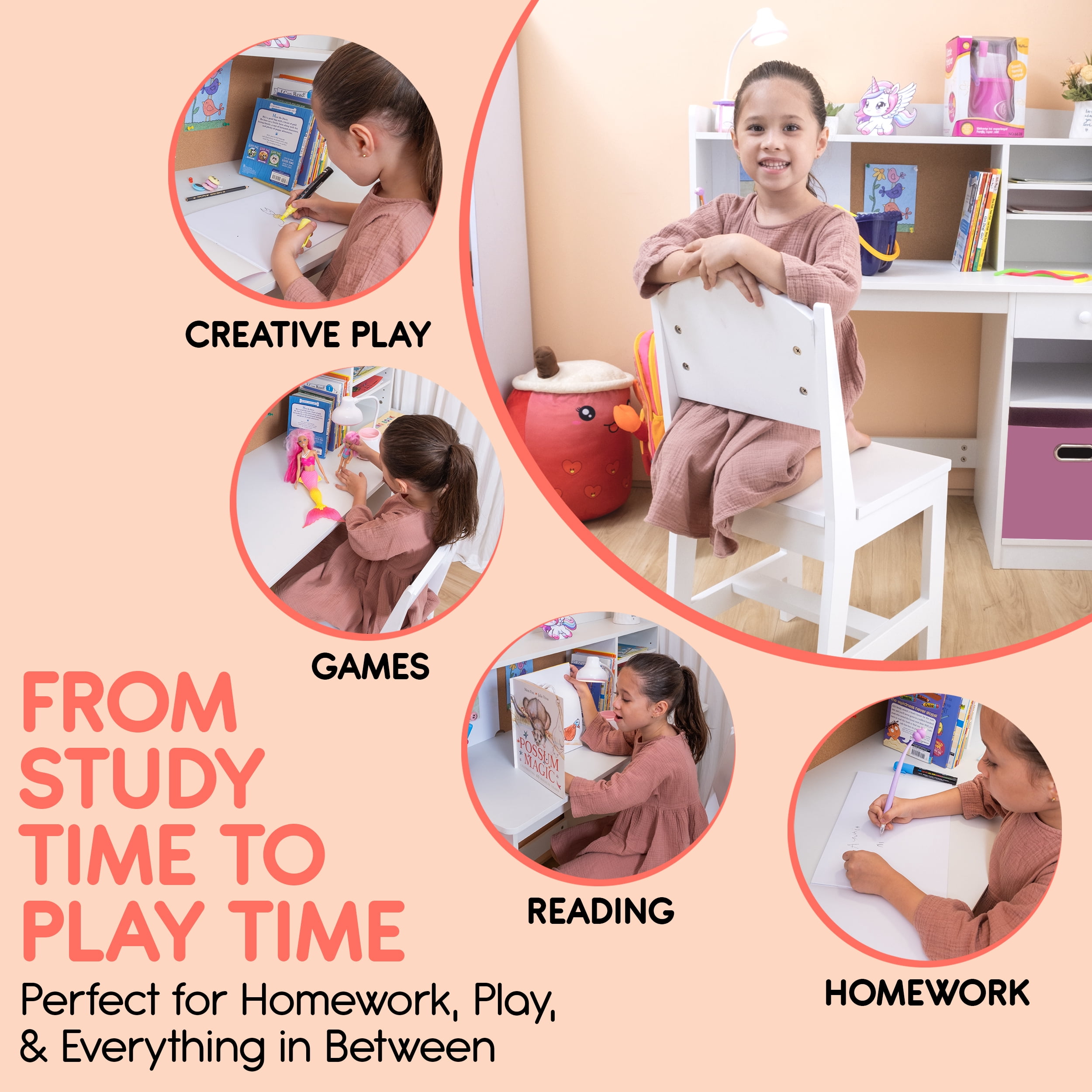HappyHomePicks Wooden Kids Study Desk and Chair Set with Hutch and Storage, White