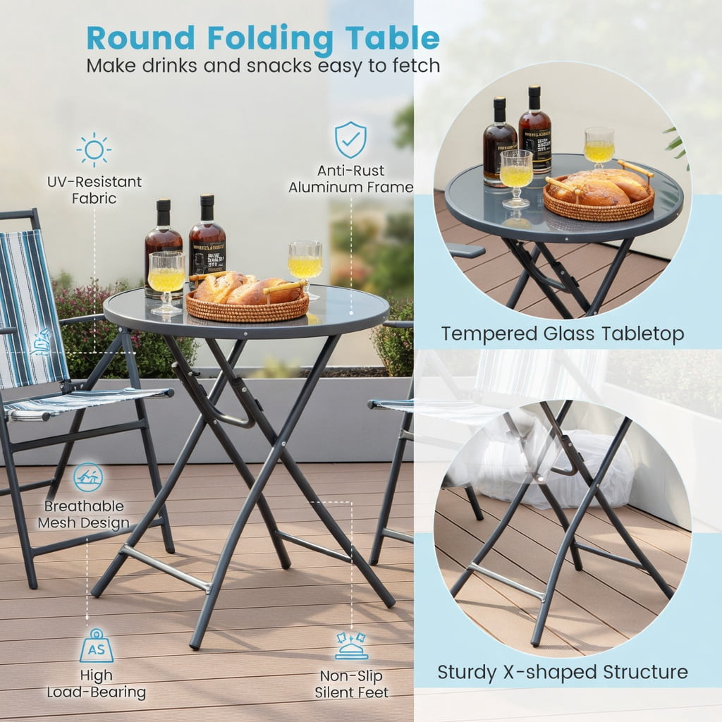 Hommoo 3-Piece Portable Outdoor Folding Chair & Round Table Set, Metal Frame, Breathable Fabric Seats, Easy-Fold for Backyard, Poolside & Balcony, Blue
