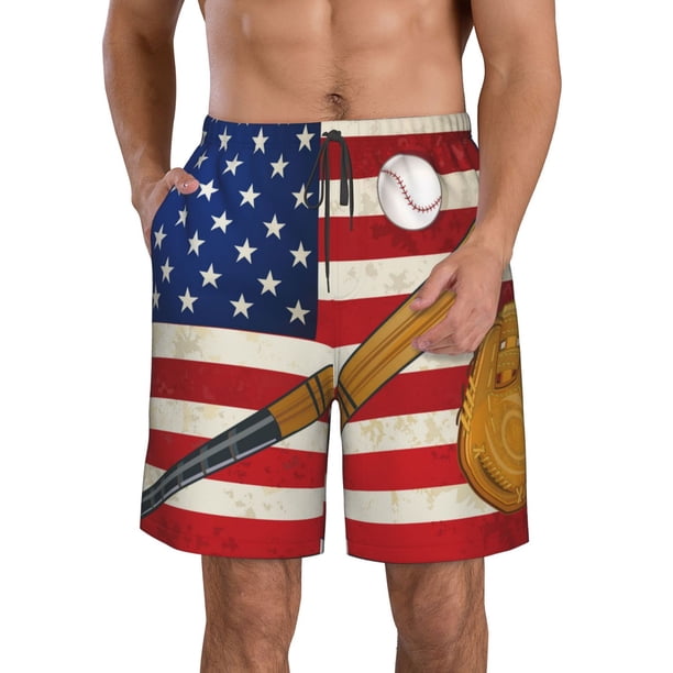 Fotbe American Flag And Baseball Trajes de Baño Estampados para Hombre, Shorts de Verano de Secado Rápido, Ropa de Playa, Bañadores-3X-Large