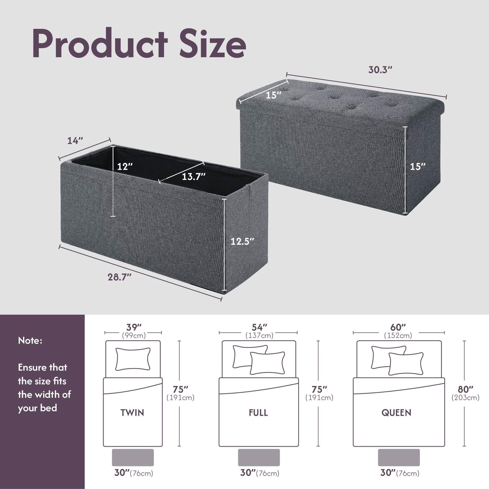 30''W Folding Storage Ottoman Bench, Footrest Stool with Hidden Compartment