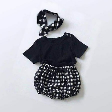 

CHGBMOK Clearance Newborn Infant Baby Girls Solid Tops+Dot Plaid Shorts Outfits Summer Set