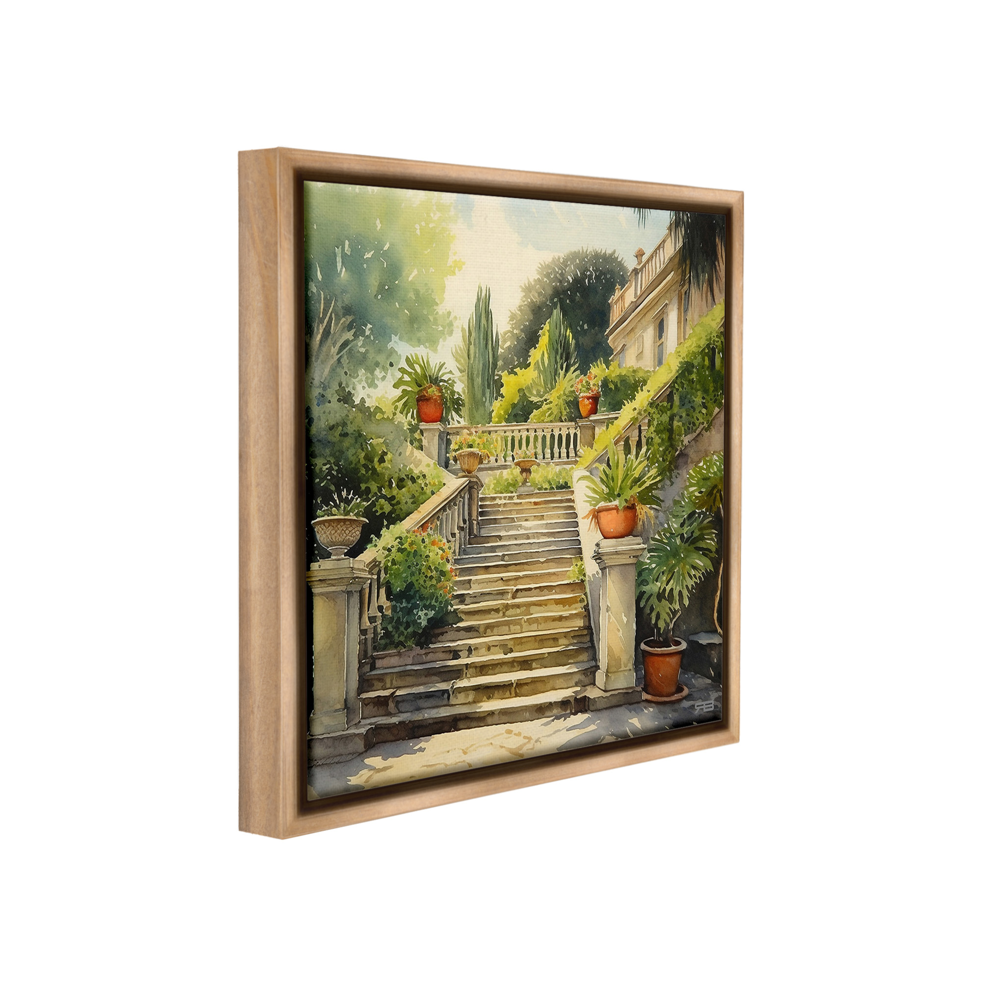 Stupell Industries Luxurious Villa Stairway Botanical & Floral Painting Brown Floater Framed Canvas Art Print Wall Art, 18 x 18