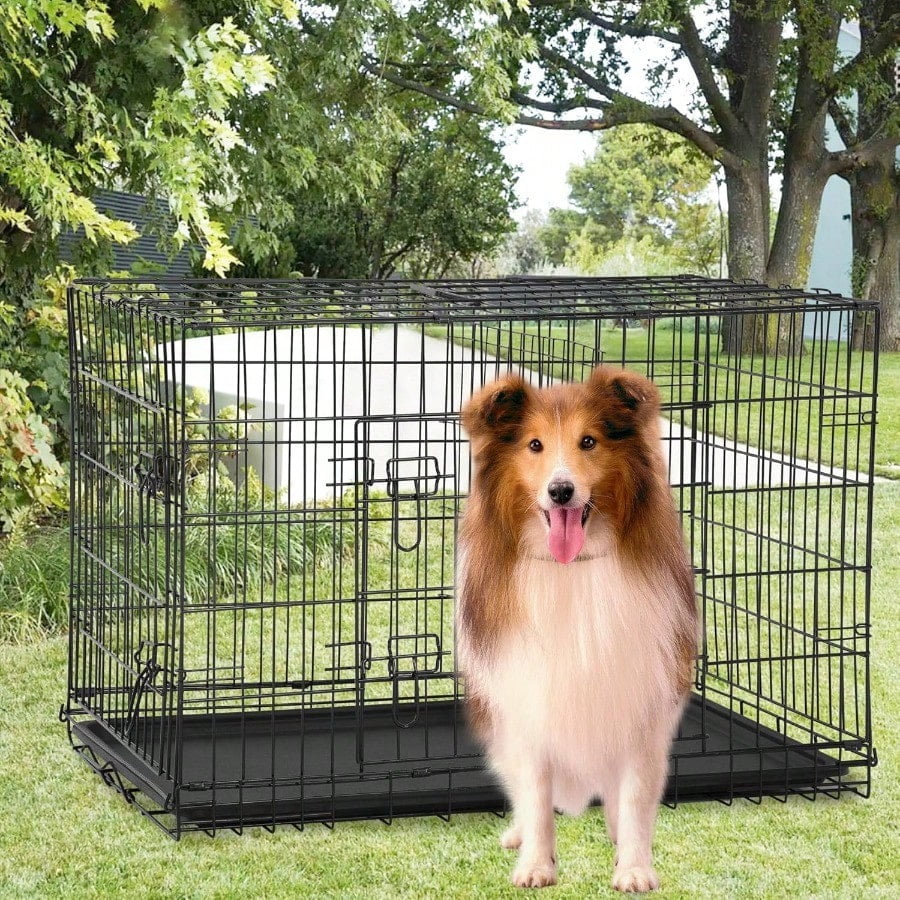 Extra Large Folding Metal Wire Dog Crate with Double Door, Removable Tray and Divider Panel, 48 Inch, Dark Black